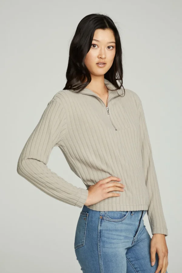Hot Zip Up Mock Neck Long Sleeve Pullover Women Tops