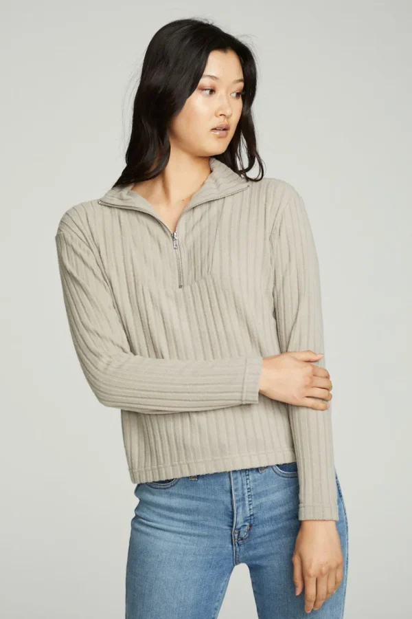 Hot Zip Up Mock Neck Long Sleeve Pullover Women Tops