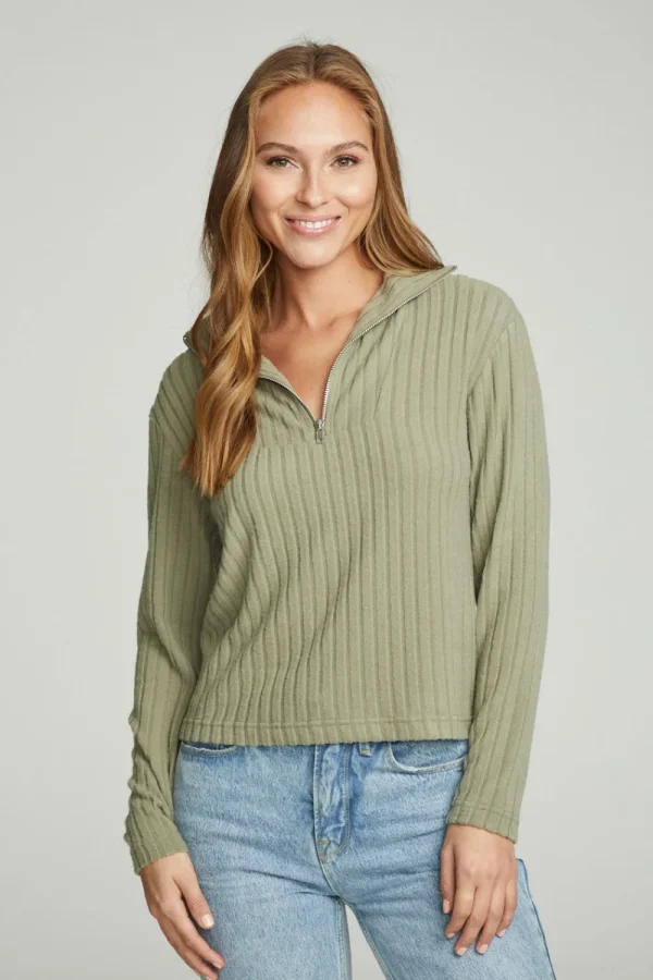 Outlet Zip Up Mock Neck Long Sleeve Pullover Women Tops